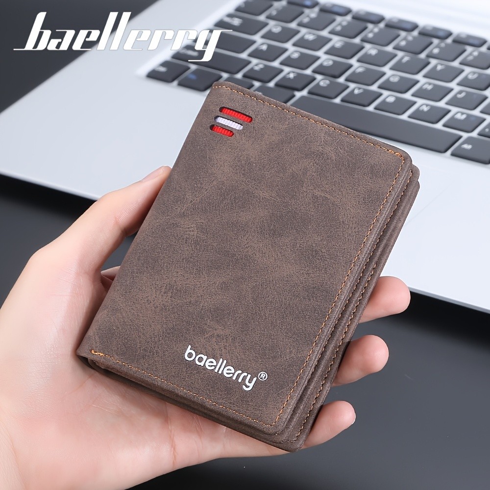 BAELLERRY Mens Business Retro Short Wallet  PU Leather Multi-Card Wallet with Buckle & Zipper Bank Card Holder