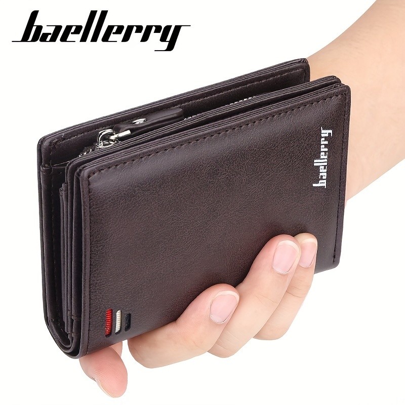 BAELLERRY Mens Business Retro Short Wallet  PU Leather Multi-Card Wallet with Buckle & Zipper Bank Card Holder