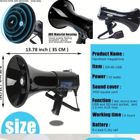 BS 50W Portable USB Loudspeaker & Megaphone Powerful Sound, Detachable Mic & Recording Playback for Any Event