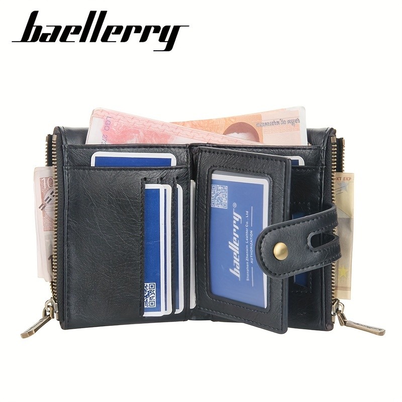 BAELLERRY Mens Business Retro Short Wallet  Faux Leather Multi-Card Double-Pull Bank Card Holder
