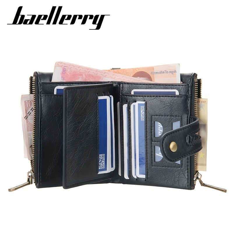 BAELLERRY Mens Business Retro Short Wallet  Faux Leather Multi-Card Double-Pull Bank Card Holder