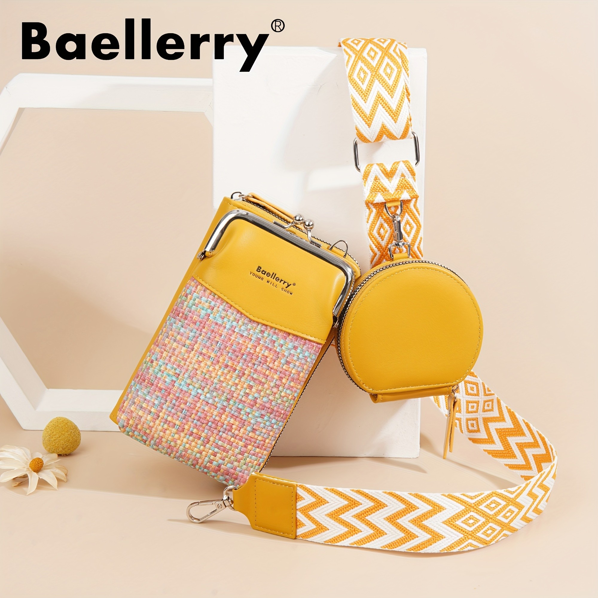 BAELLERRY Womens Mini Crossbody Bag  Stylish Synthetic Shoulder Bag with Vibrant Yellow & Orange Zigzag Strap