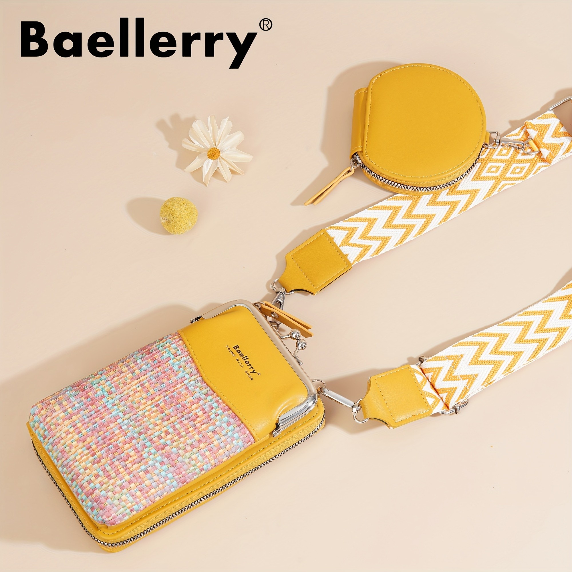 BAELLERRY Womens Mini Crossbody Bag  Stylish Synthetic Shoulder Bag with Vibrant Yellow & Orange Zigzag Strap