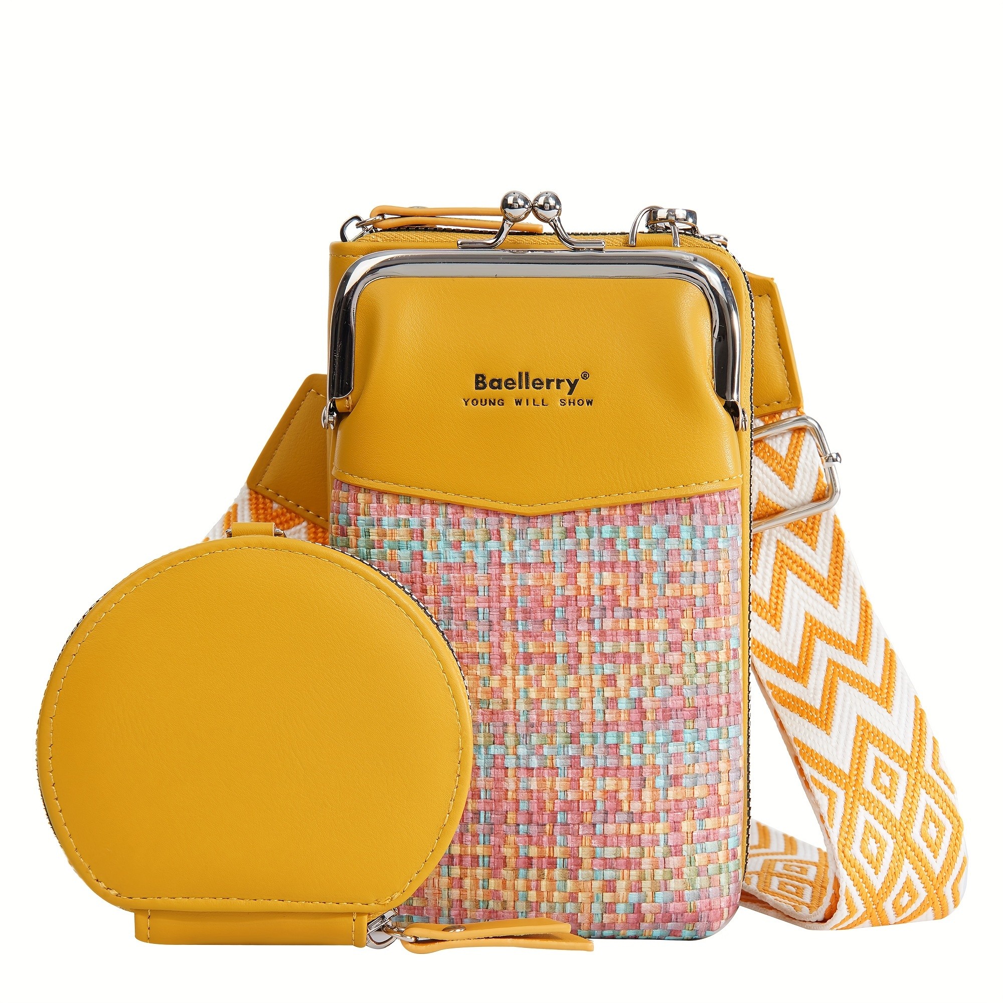 BAELLERRY Womens Mini Crossbody Bag  Stylish Synthetic Shoulder Bag with Vibrant Yellow & Orange Zigzag Strap