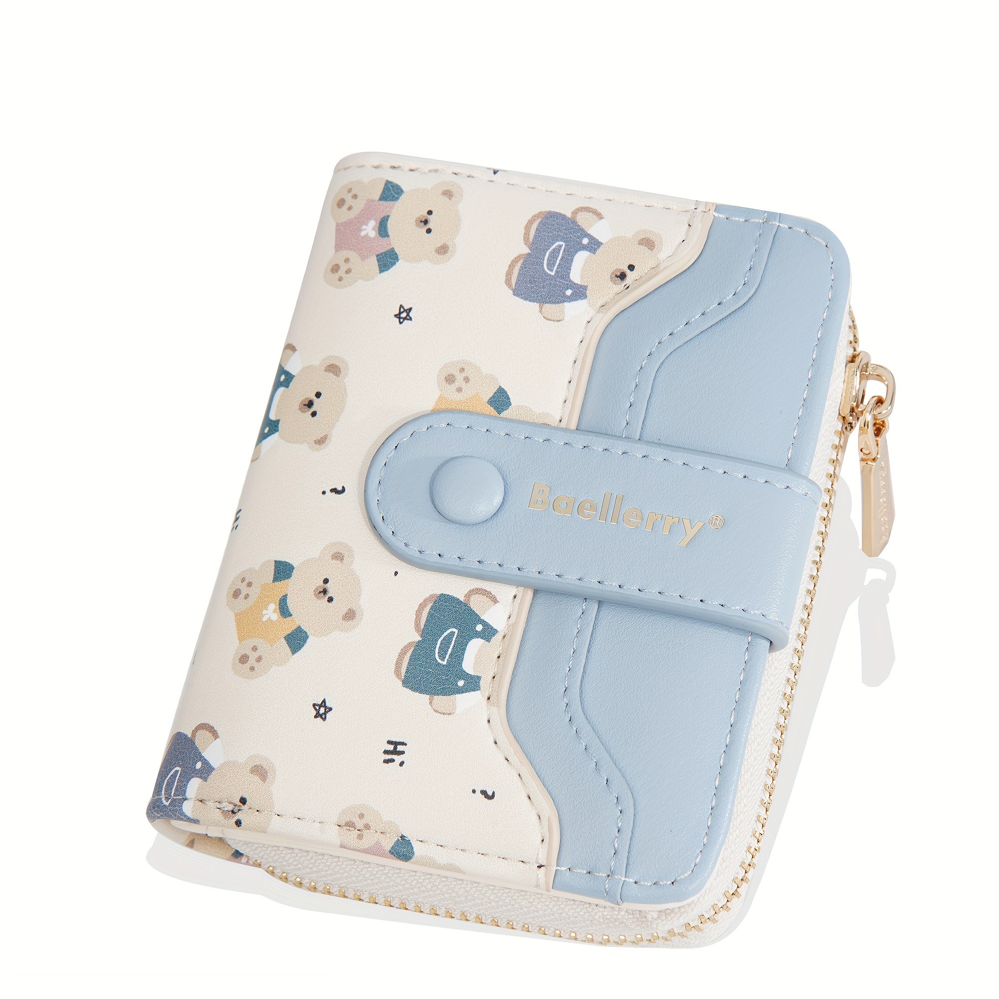 BAELLERRY Mini Womens Wallet  Short Bear Cartoon Print Wallet with Button Closure, Card Slots & Zipper Coin Purse