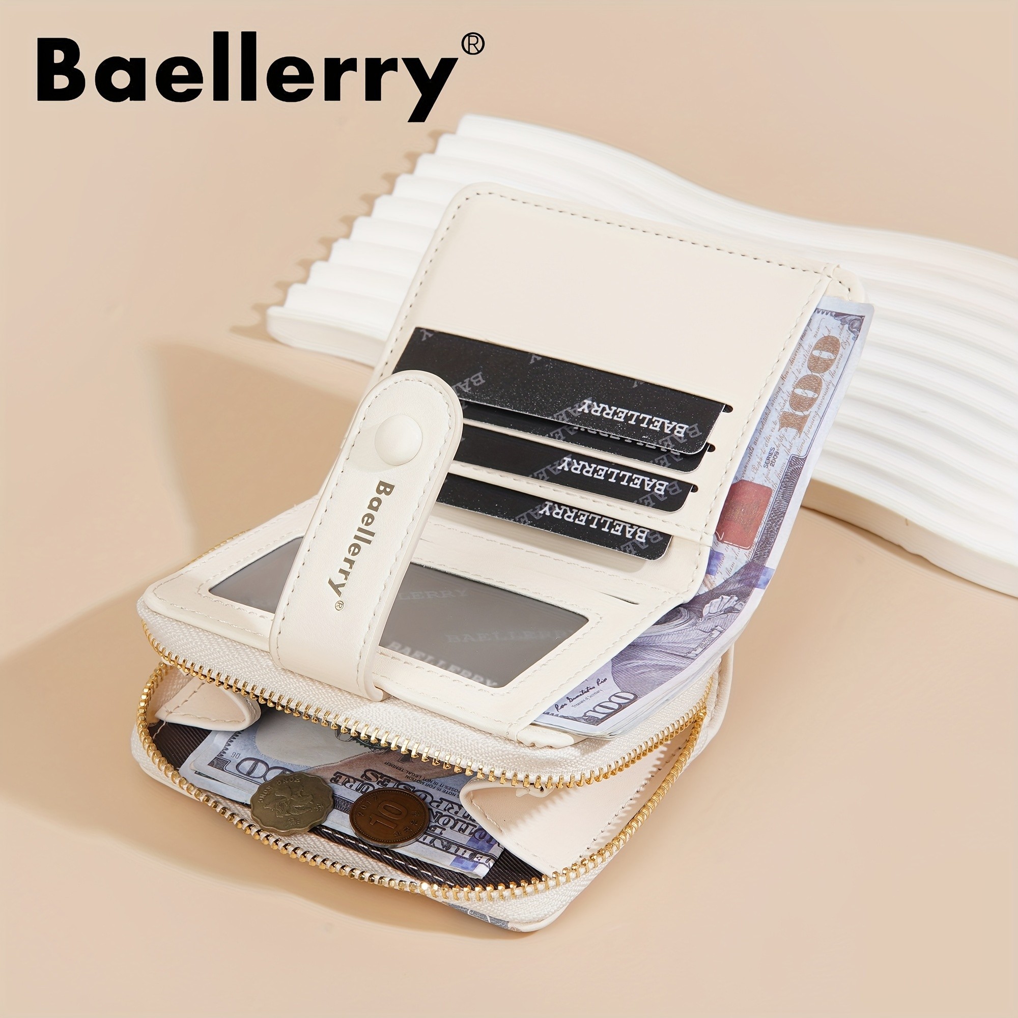 BAELLERRY Mini Womens Wallet  Short Bear Cartoon Print Wallet with Button Closure, Card Slots & Zipper Coin Purse
