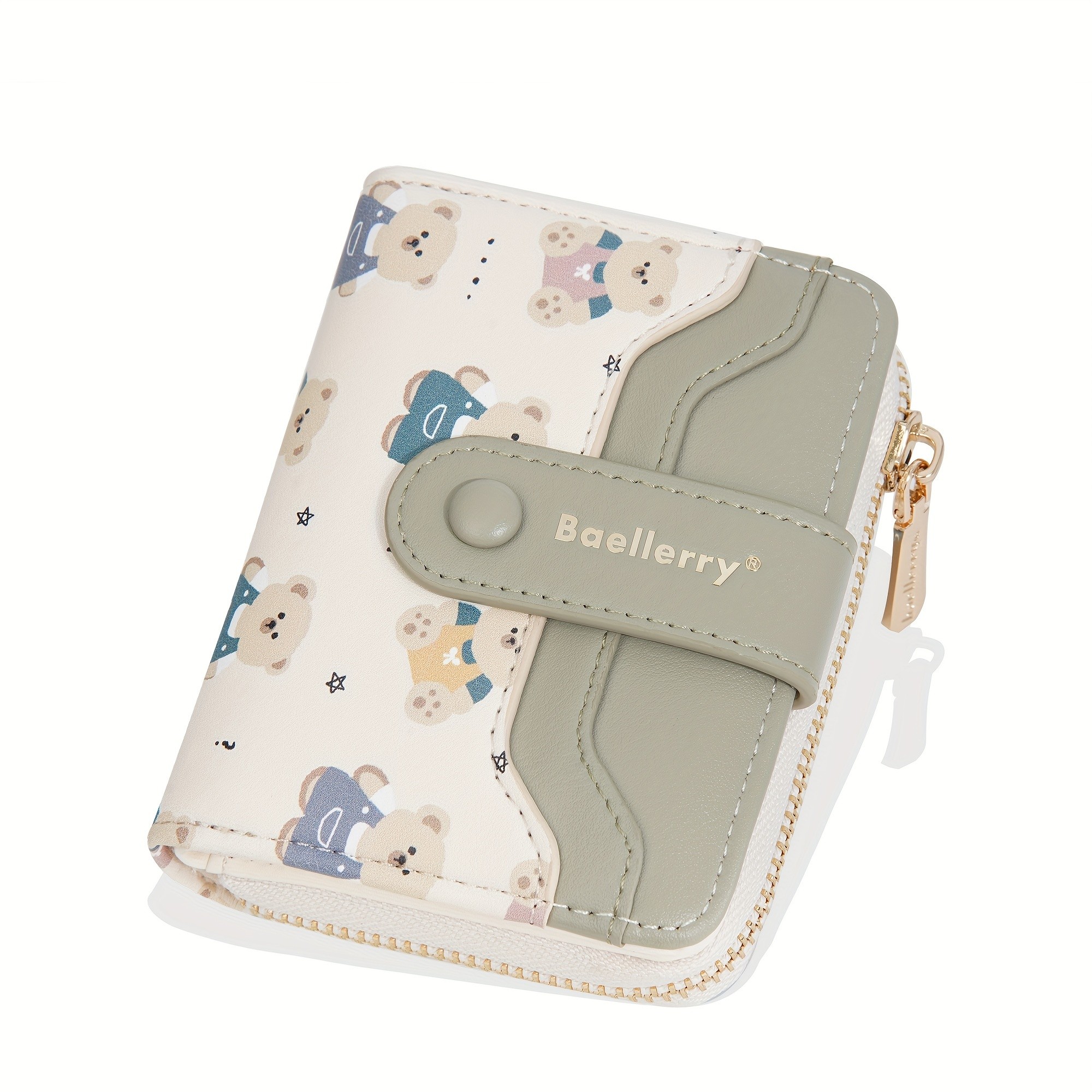 BAELLERRY Mini Womens Wallet  Short Bear Cartoon Print Wallet with Button Closure, Card Slots & Zipper Coin Purse