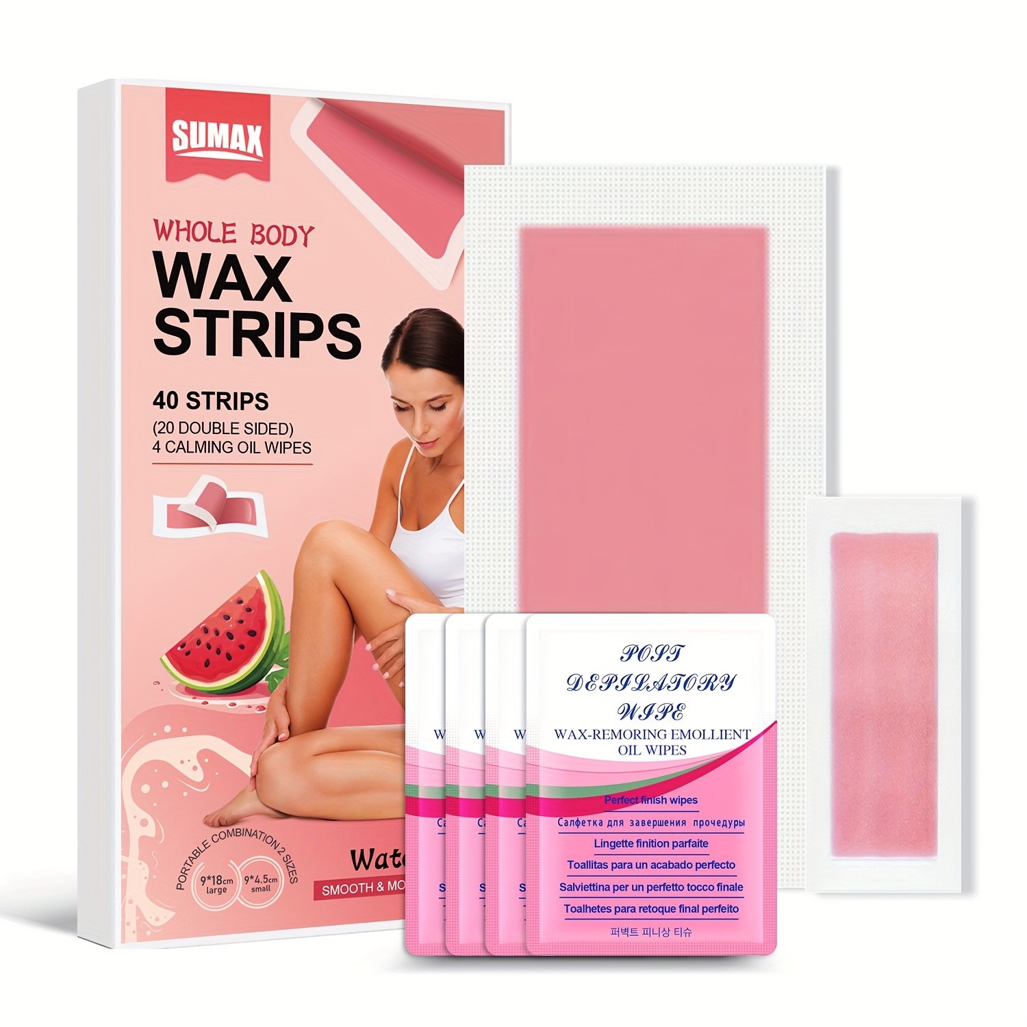 SUMAX Whole Body Wax Strips Kit 40 Watermelon-Infused Double-Sided Strips + 4 Calming Oil Wipes