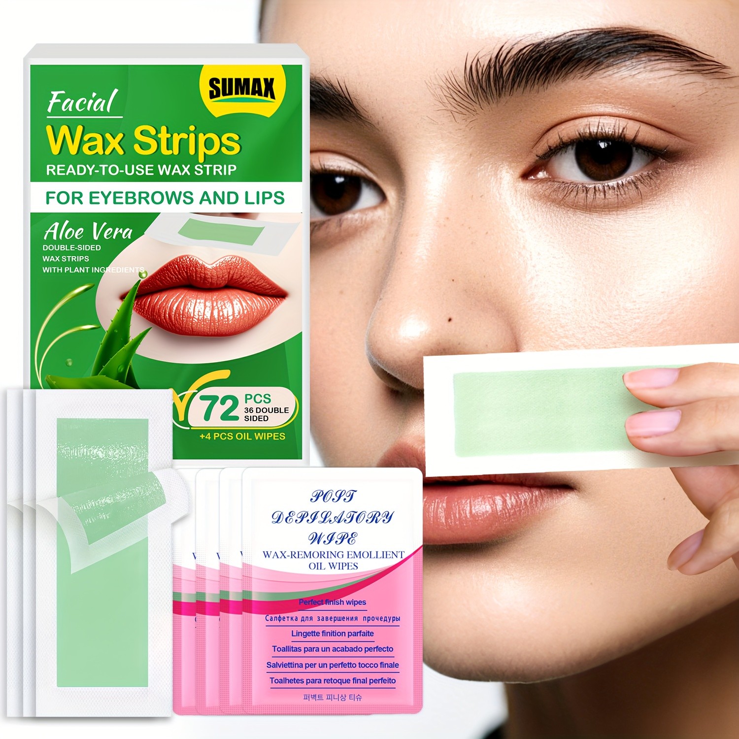 SUMAX 72pcs Aloe Vera Facial Wax Strips Quick, Moisturizing & Easy Hair Removal for Face & Body