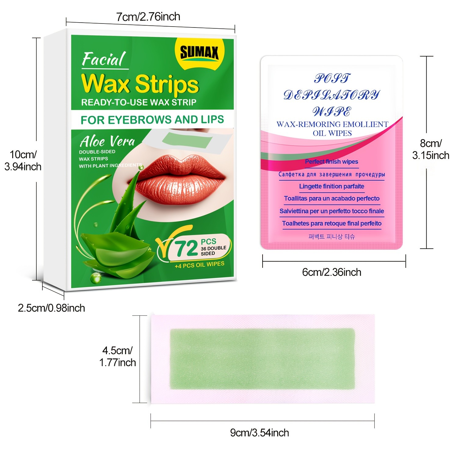 SUMAX 72pcs Aloe Vera Facial Wax Strips Quick, Moisturizing & Easy Hair Removal for Face & Body