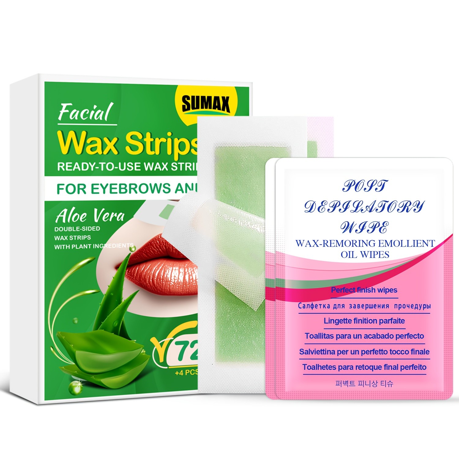 SUMAX 72pcs Aloe Vera Facial Wax Strips Quick, Moisturizing & Easy Hair Removal for Face & Body