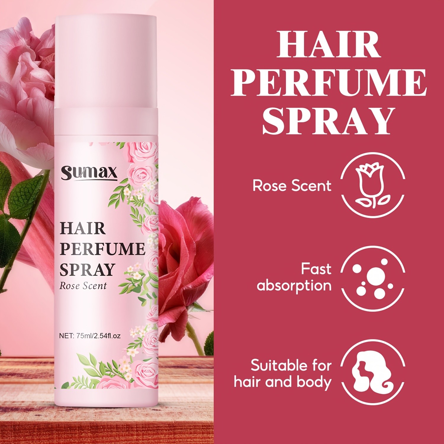 SUMAX Rose Hair Perfume Spray  75ml Long-Lasting Floral Mist for Hair & Body with Plant-Based Squalane