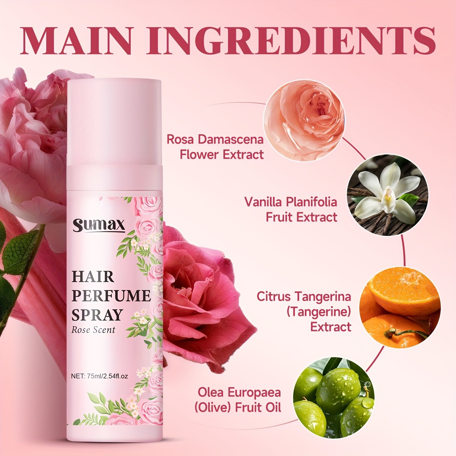 SUMAX Rose Hair Perfume Spray  75ml Long-Lasting Floral Mist for Hair & Body with Plant-Based Squalane
