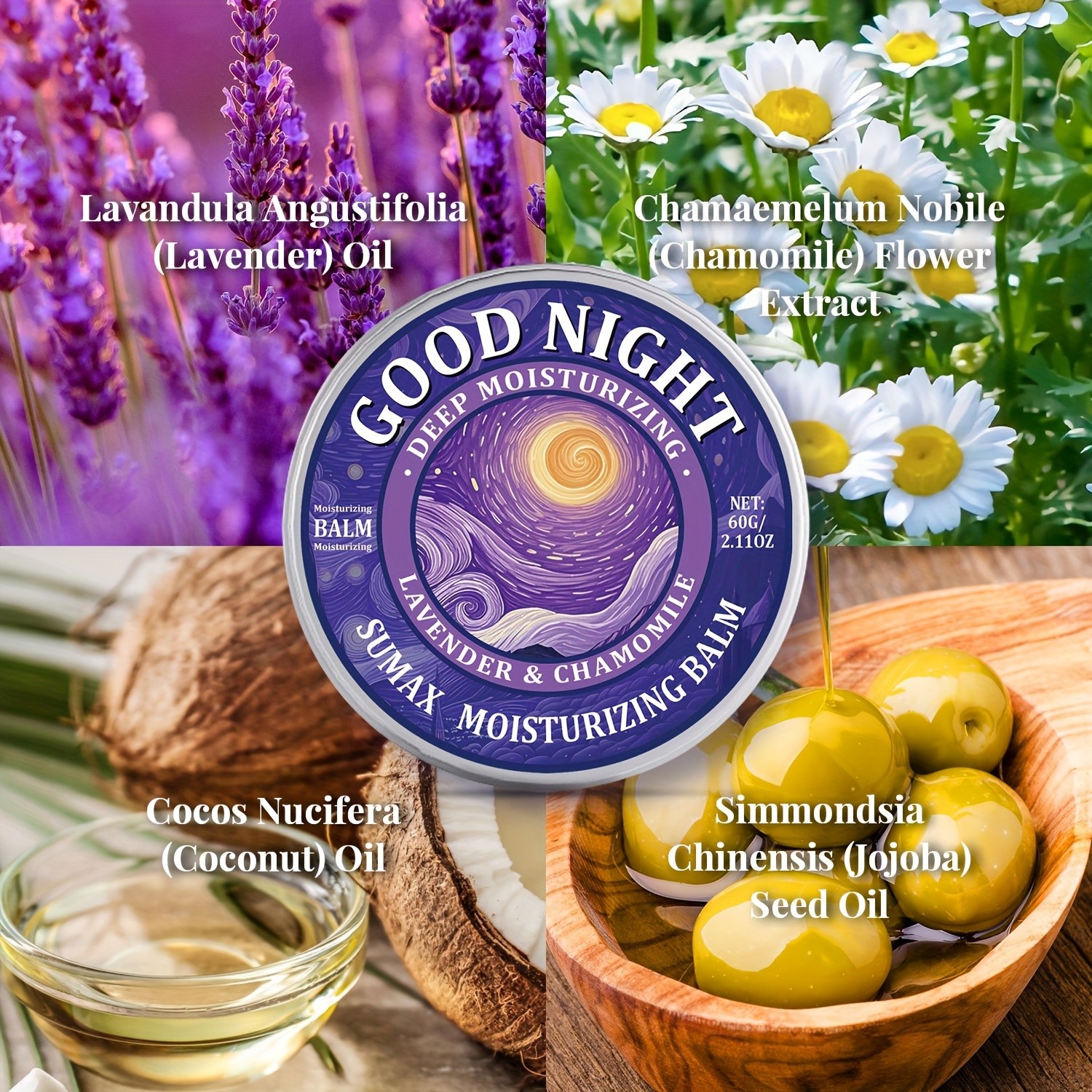 SUMAX Good Night Balm 60g Lavender, Chamomile, Coconut & Jojoba Oil Moisturizing Night Balm (Alcohol-Free)