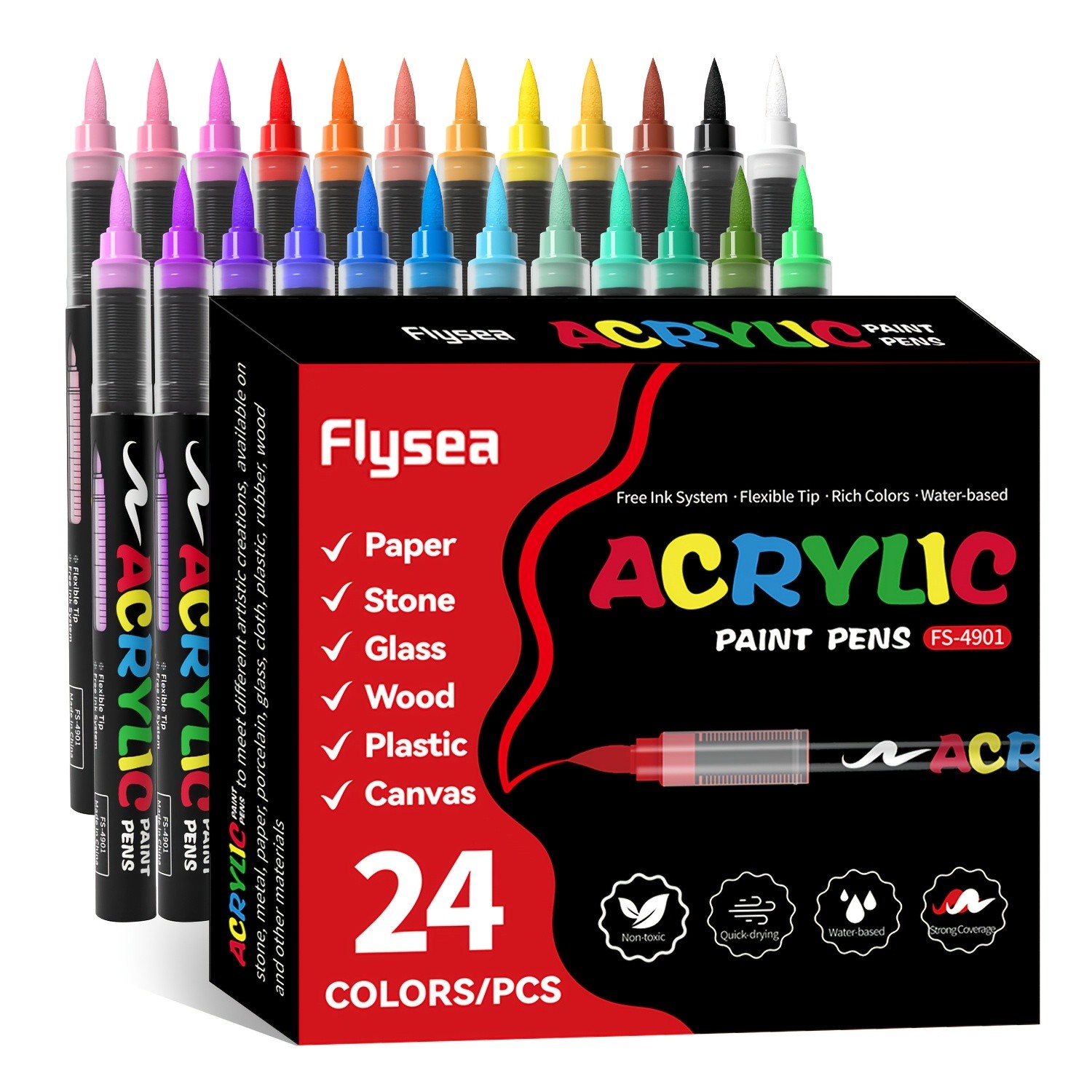 FLYSEA Acrylic Paint Marker Set 12 / 24 / 36 Vibrant Non-Toxic Stackable Markers for Multi-Surface Art