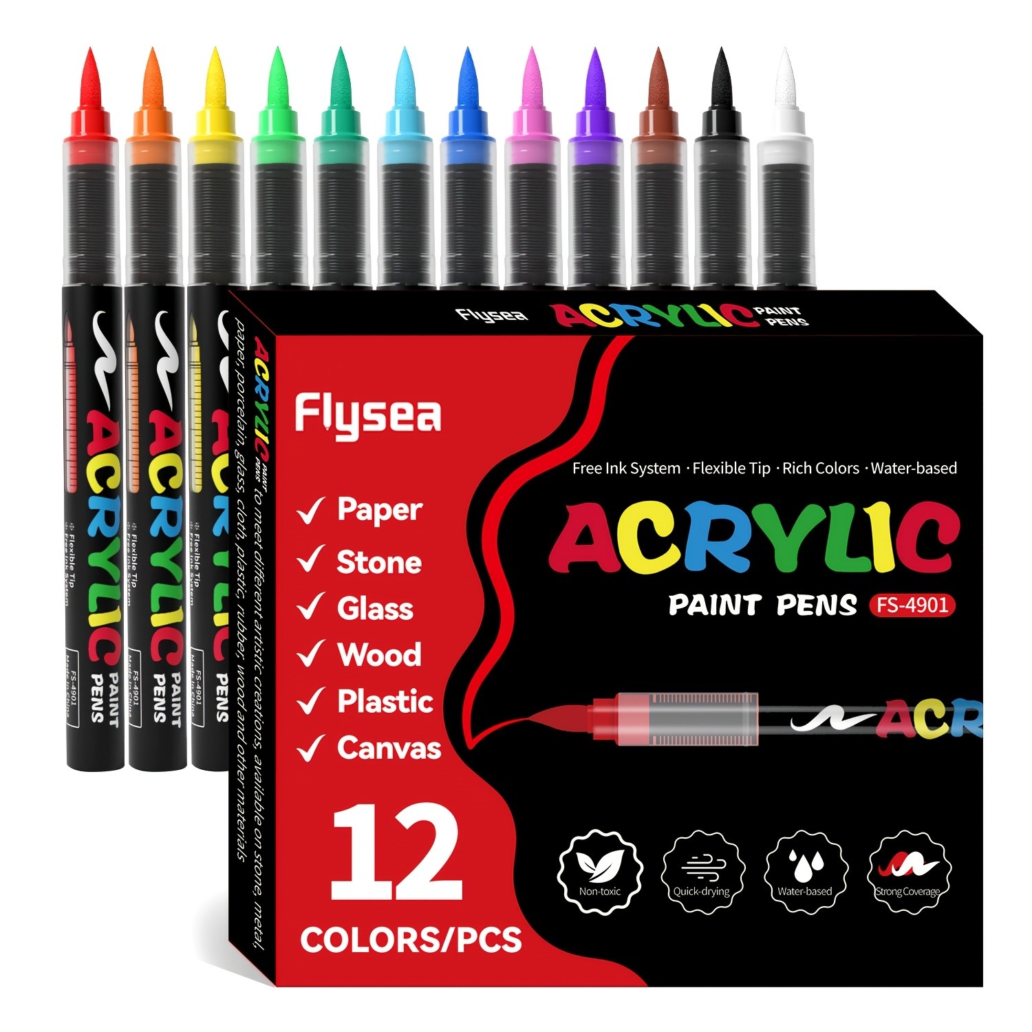 FLYSEA Acrylic Paint Marker Set 12 / 24 / 36 Vibrant Non-Toxic Stackable Markers for Multi-Surface Art