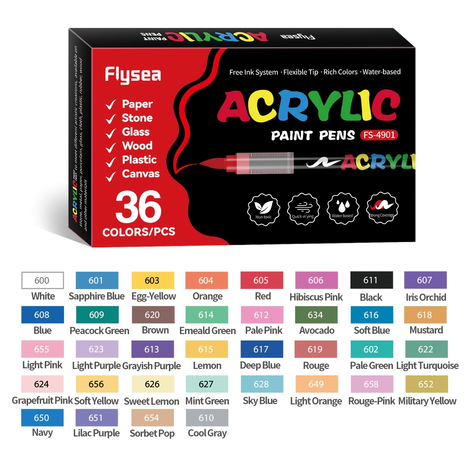FLYSEA Acrylic Paint Marker Set 12 / 24 / 36 Vibrant Non-Toxic Stackable Markers for Multi-Surface Art
