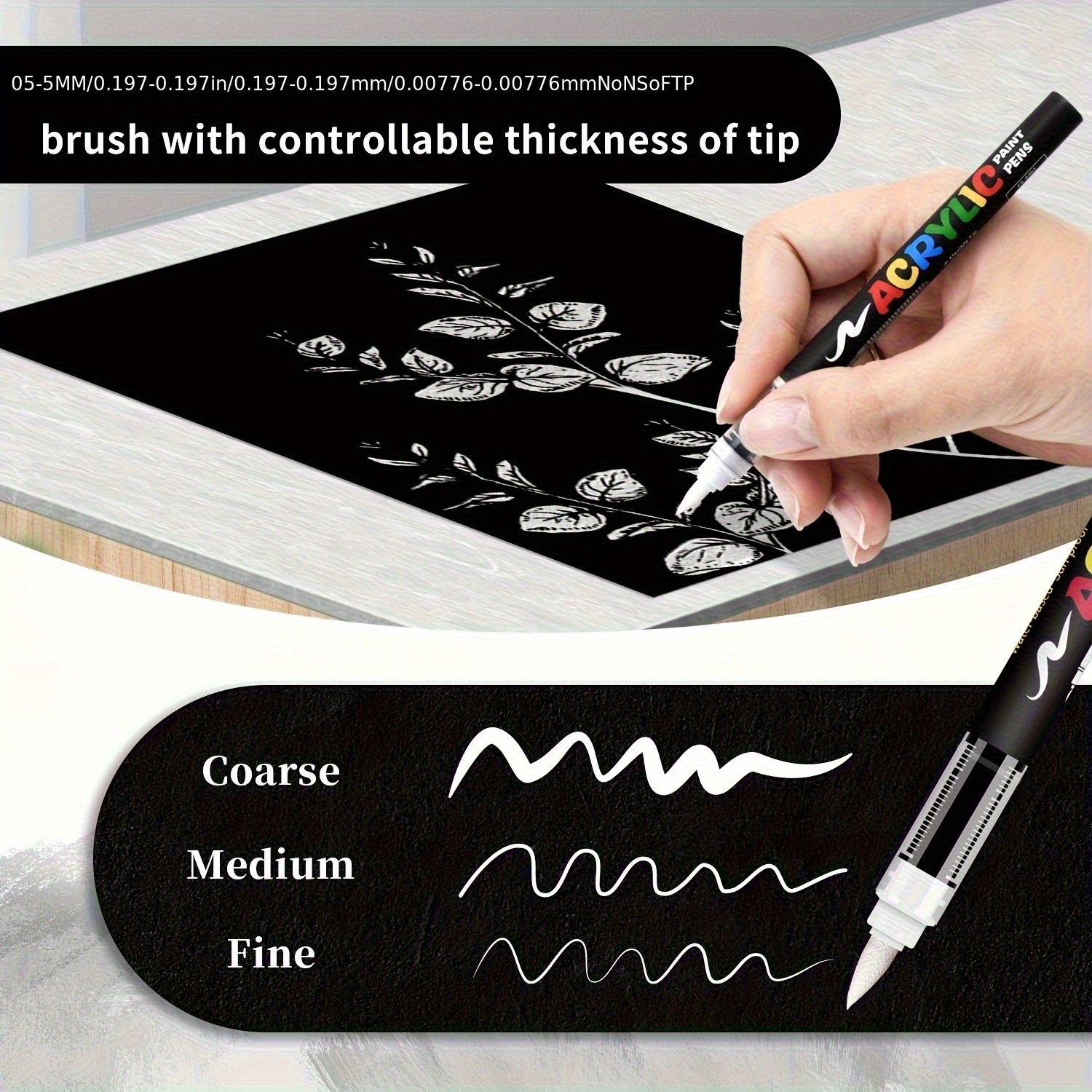 FLYSEA 8pcs Professional Water-Based Acrylic Paint Marker Pens  Soft Brush Tip, Multi-Surface, Black & White Set with 8 Color-Coding Caps