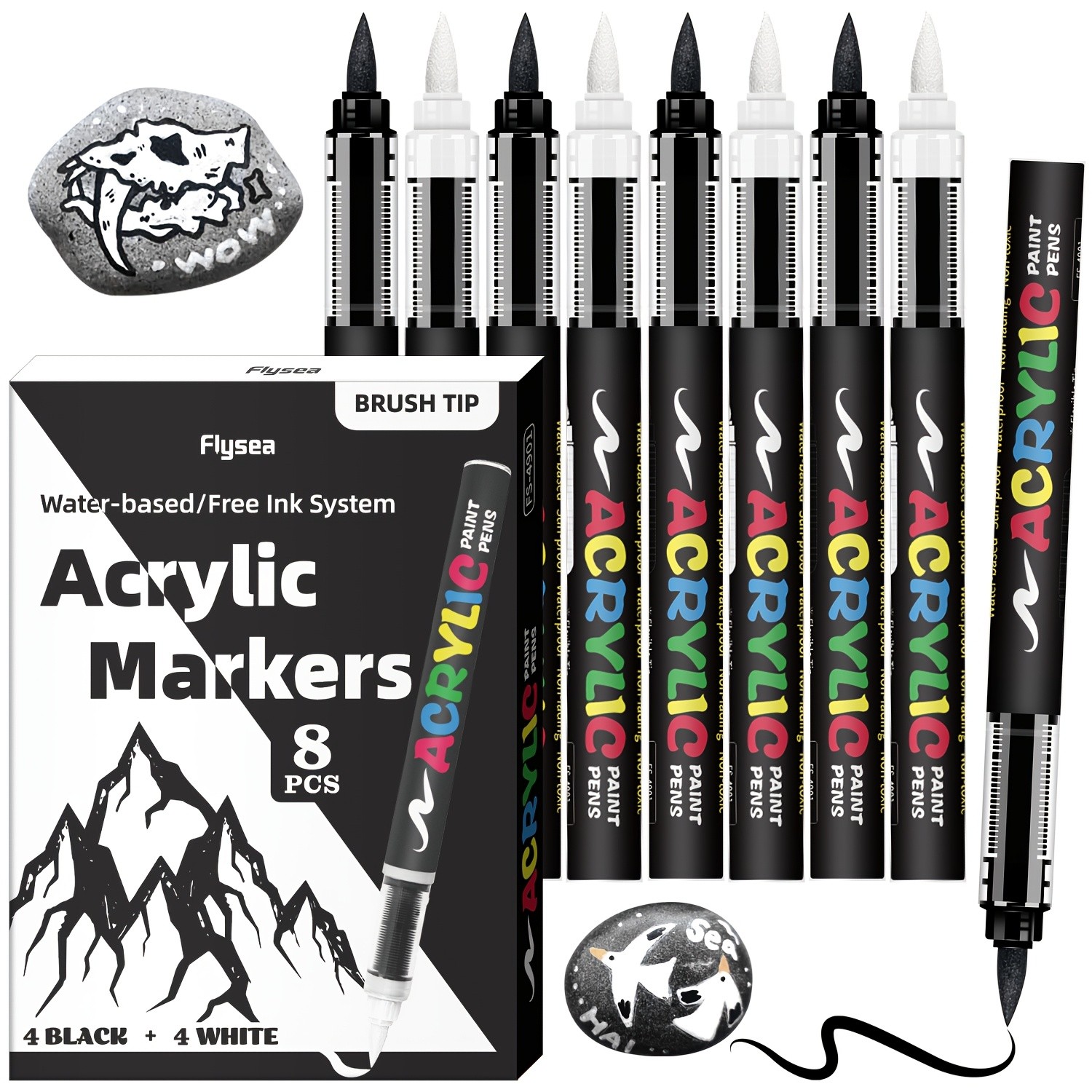 FLYSEA 8pcs Professional Water-Based Acrylic Paint Marker Pens  Soft Brush Tip, Multi-Surface, Black & White Set with 8 Color-Coding Caps