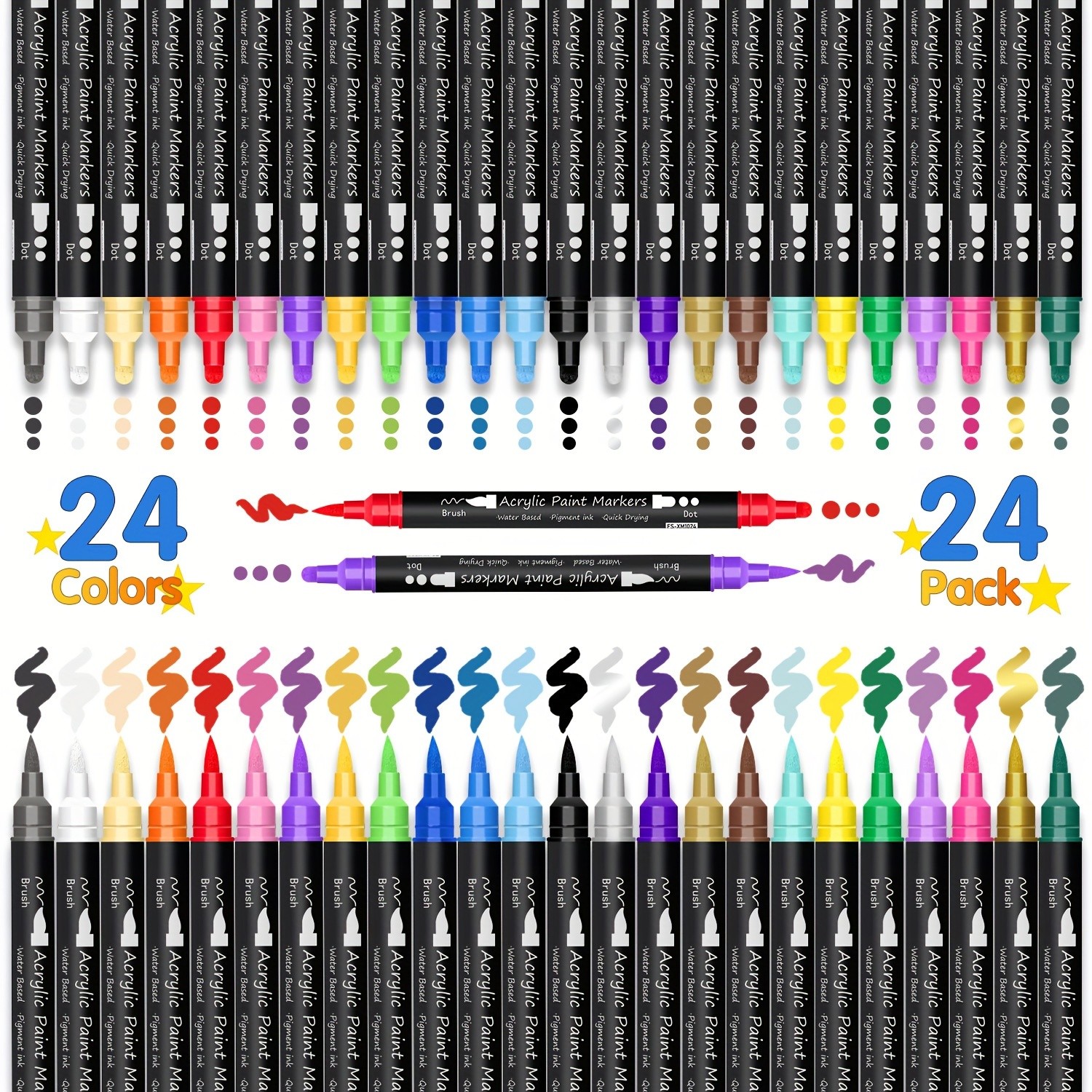 FLYSEA 24pcs Dual-Tip Acrylic Paint Markers  Brush Tip + Dot Tip Water-Based Markers for Christmas Cards, Rock Painting, Wood & Canvas