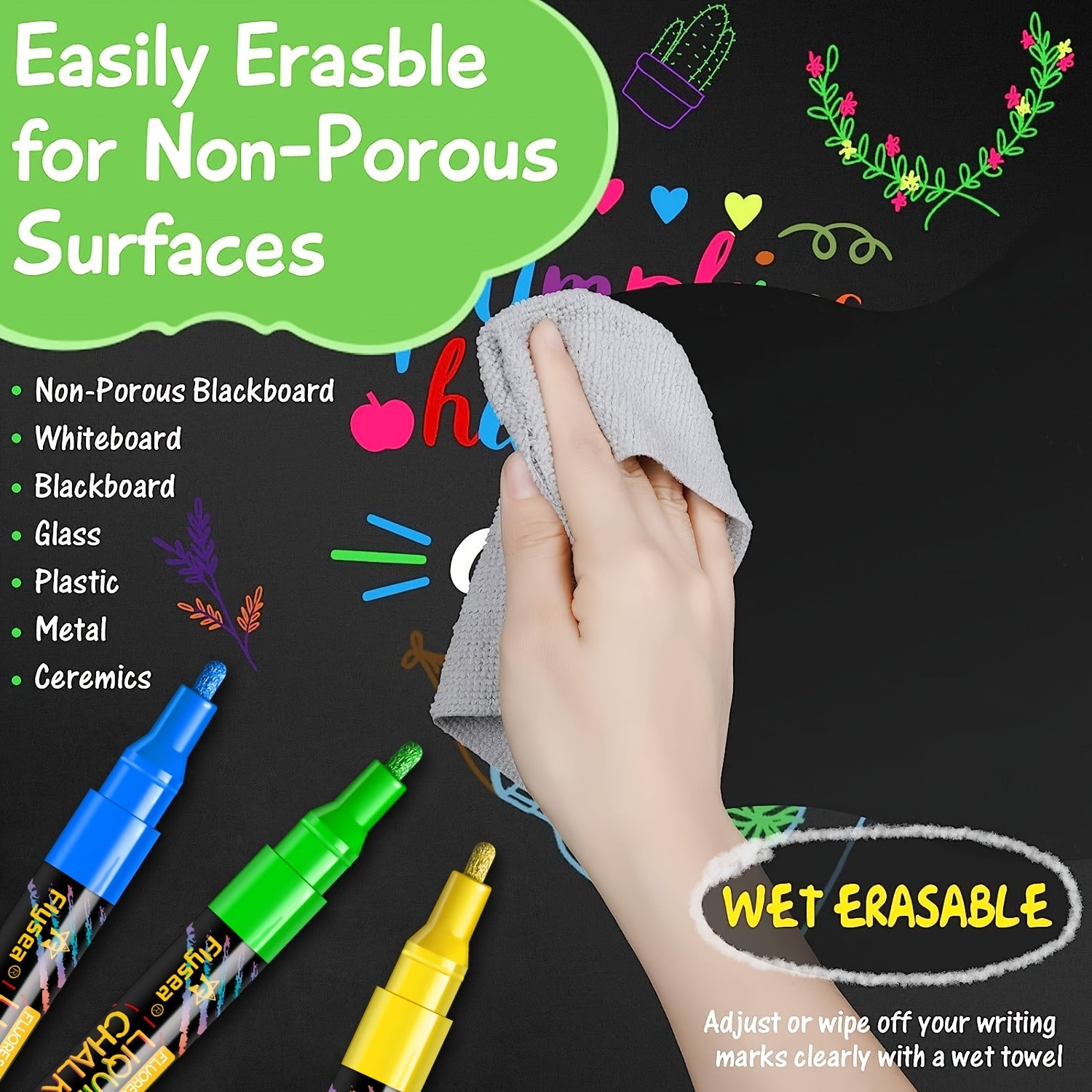 FLYSEA 8pcs / 12pcs Neon Chalk Markers  Erasable Liquid Chalk Pens for Professional Art & Non-Porous Surfaces