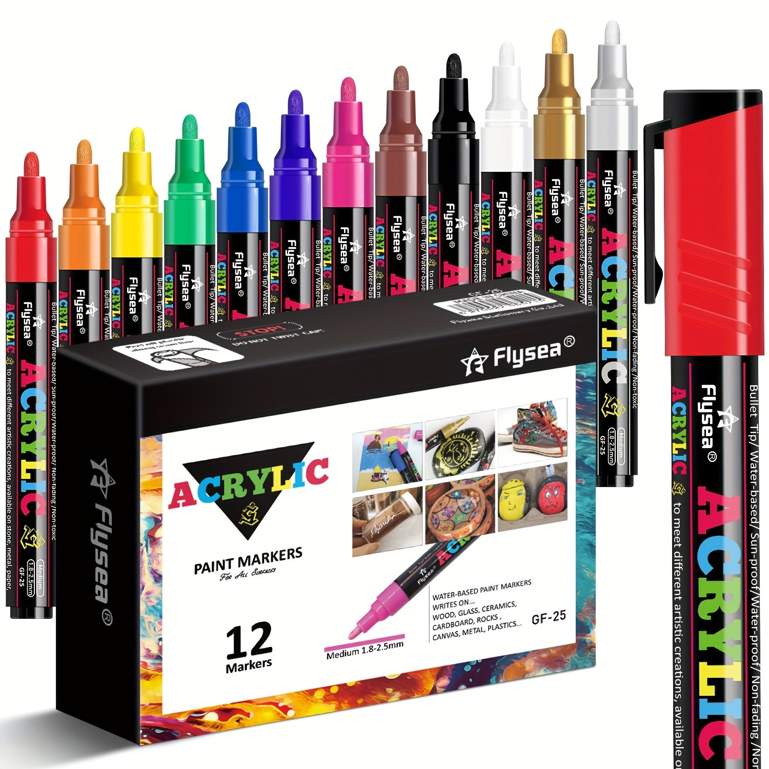 FLYSEA 12pcs Large Capacity Acrylic Paint Markers  Stackable Colors, 23mm Medium Point, Water-Based for Rocks, Canvas & Glass