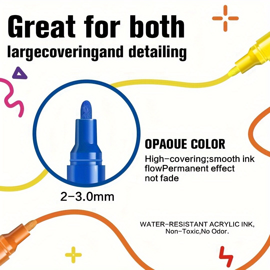 FLYSEA 12pcs Large Capacity Acrylic Paint Markers  Stackable Colors, 23mm Medium Point, Water-Based for Rocks, Canvas & Glass