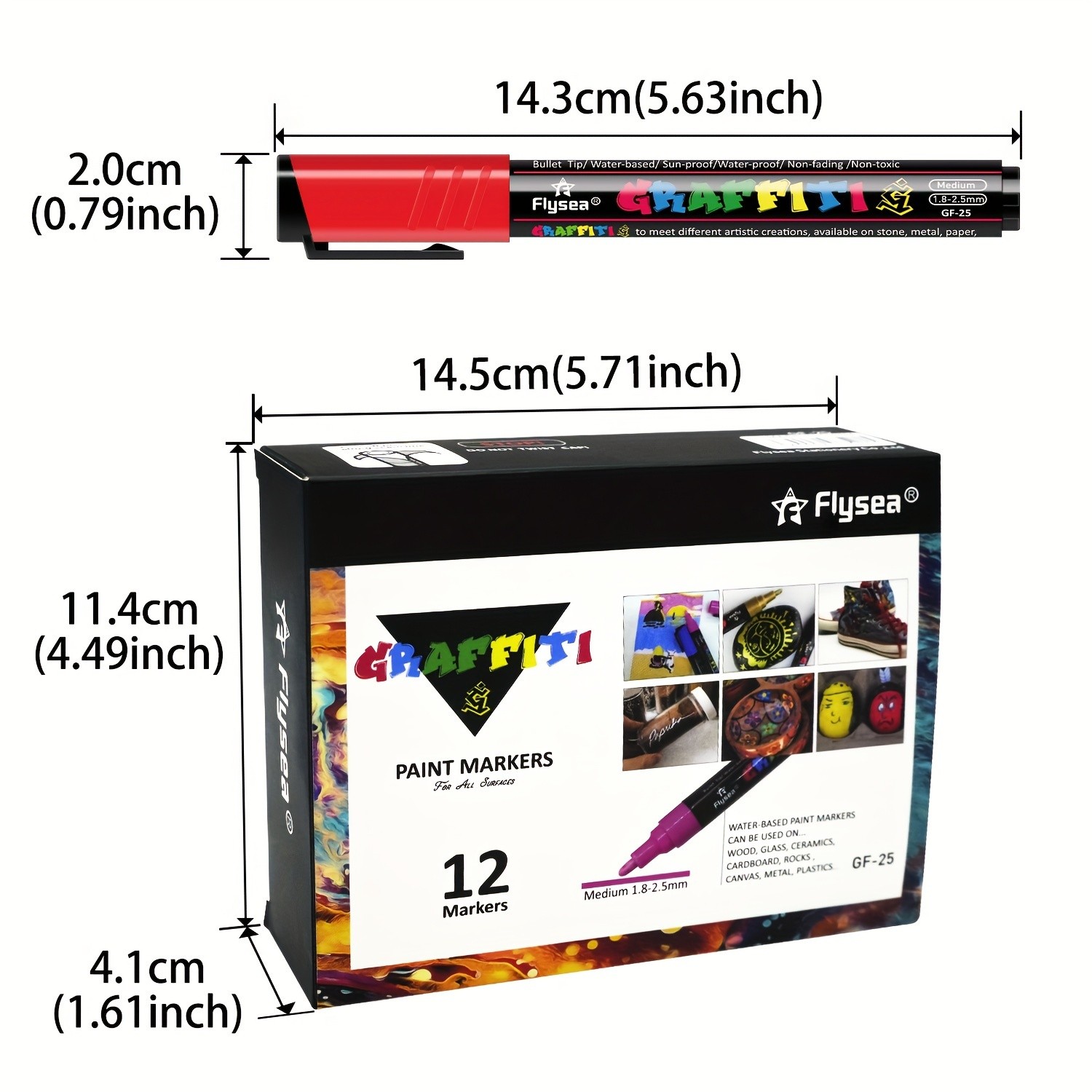 FLYSEA 12pcs Large Capacity Acrylic Paint Markers  Stackable Colors, 23mm Medium Point, Water-Based for Rocks, Canvas & Glass