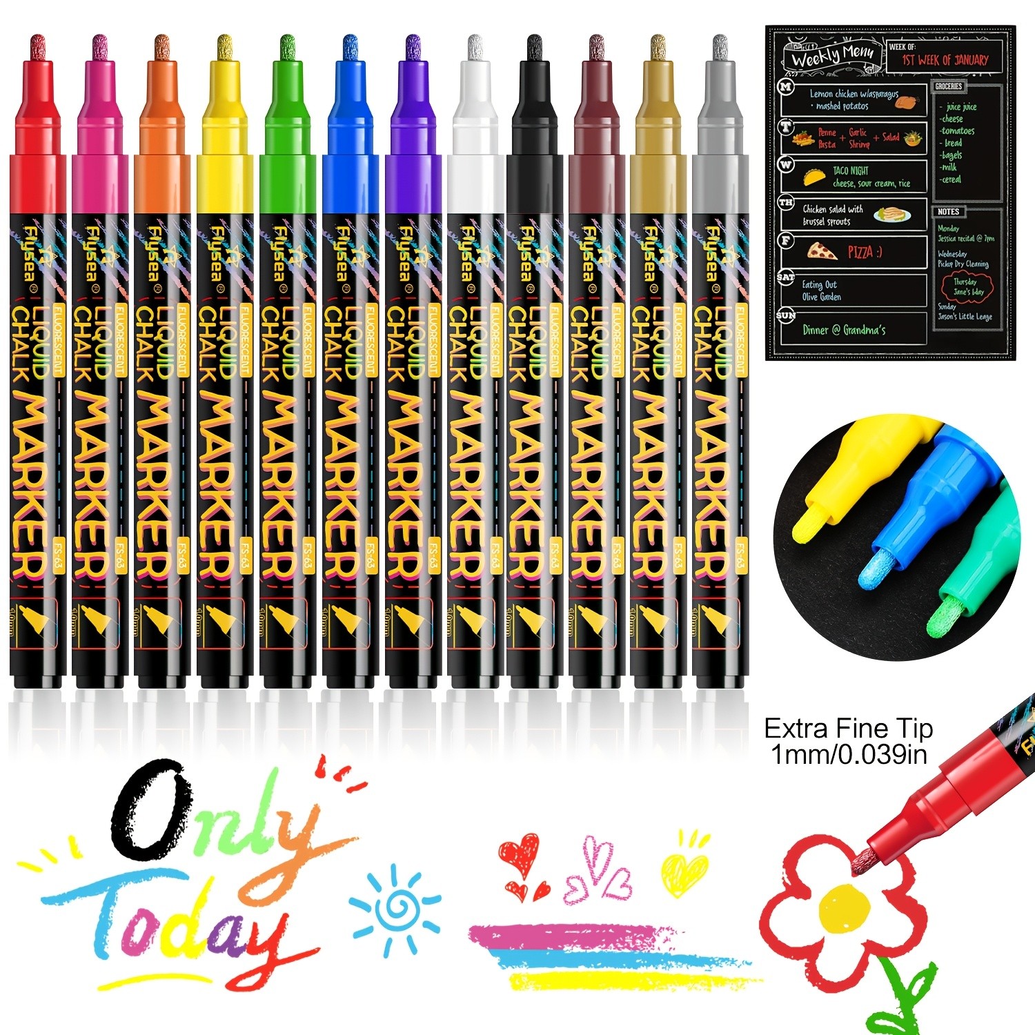 FLYSEA 12pcs Neon Chalk Markers  0.1cm Extra-Fine Tip, Water-Based, Washable & Non-Toxic Liquid Chalk Pens