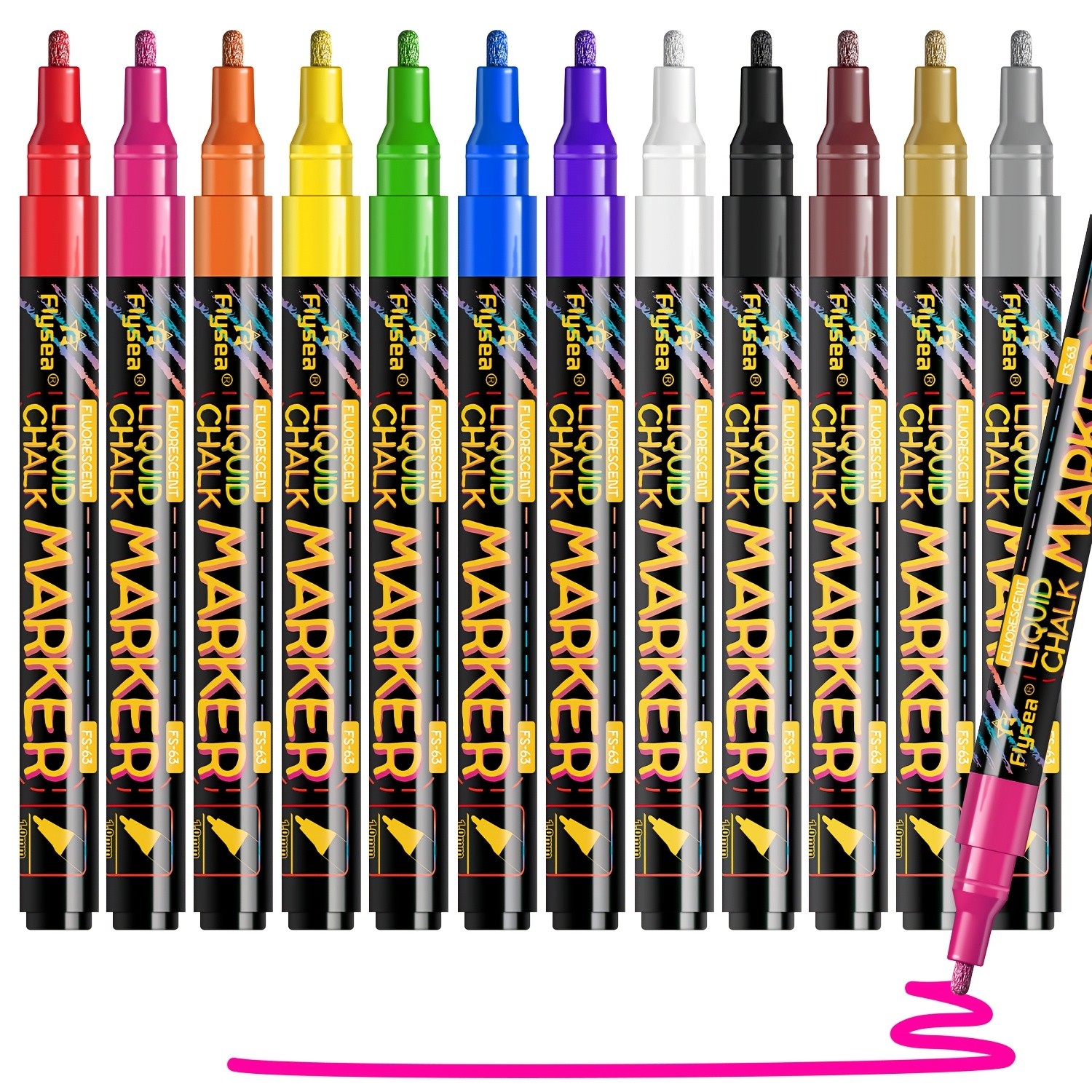 FLYSEA 12pcs Neon Chalk Markers  0.1cm Extra-Fine Tip, Water-Based, Washable & Non-Toxic Liquid Chalk Pens