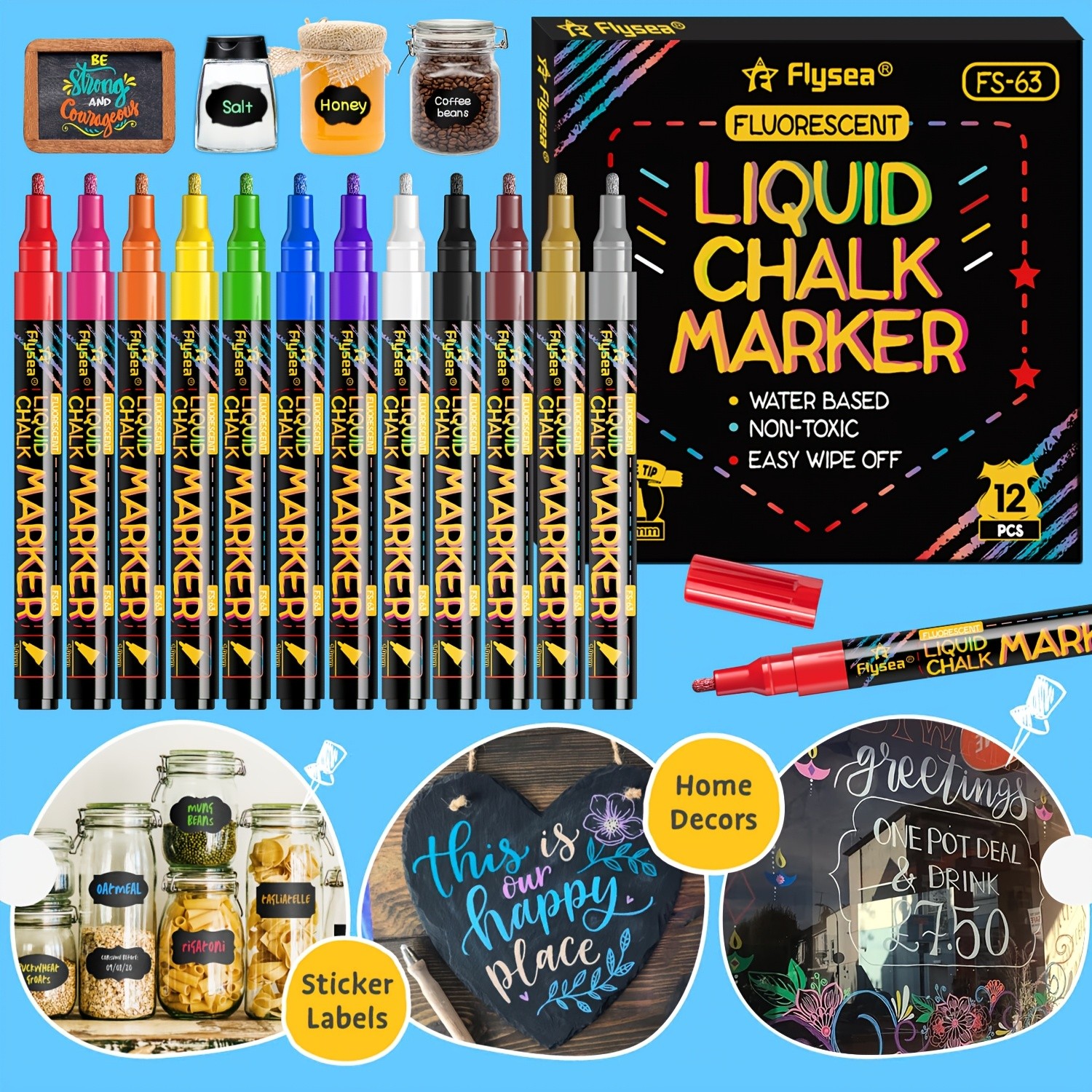 FLYSEA 12pcs Neon Chalk Markers  0.1cm Extra-Fine Tip, Water-Based, Washable & Non-Toxic Liquid Chalk Pens