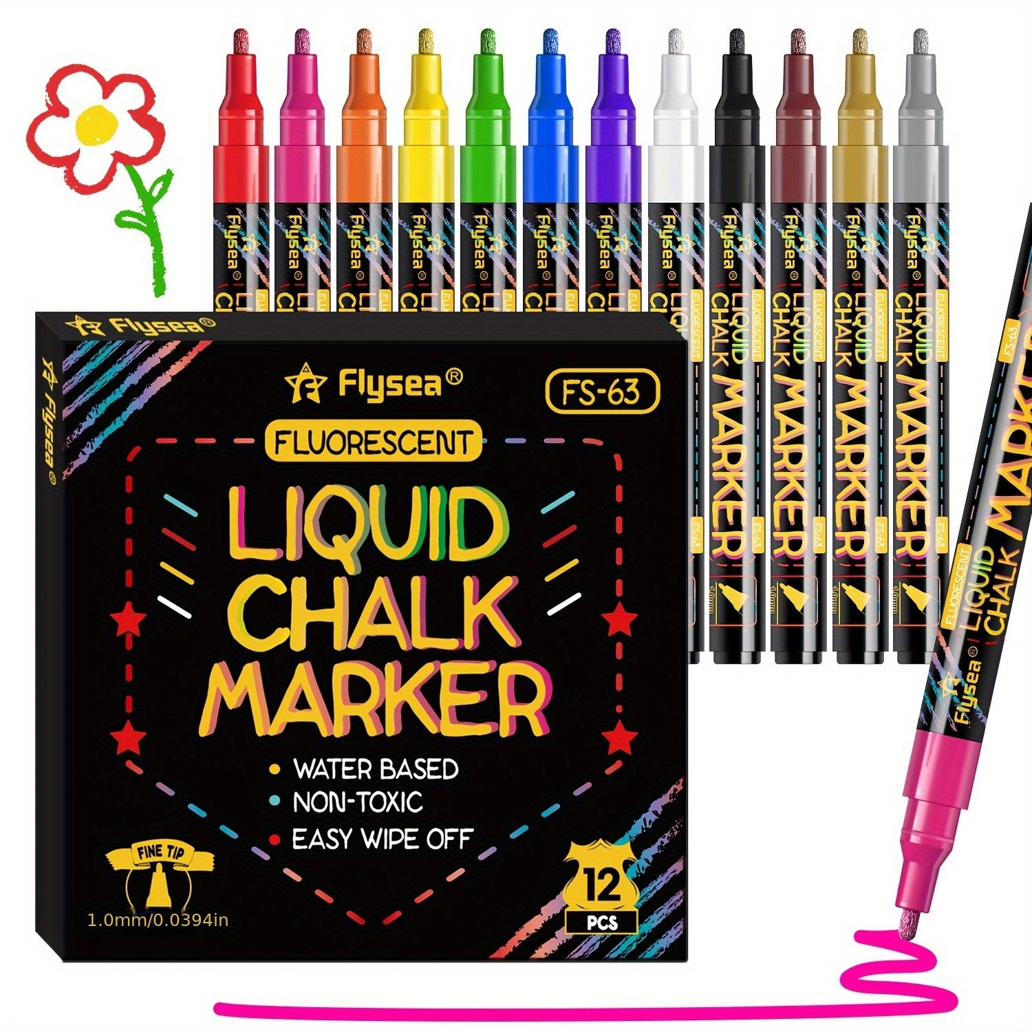 FLYSEA 12pcs Neon Chalk Markers  0.1cm Extra-Fine Tip, Water-Based, Washable & Non-Toxic Liquid Chalk Pens