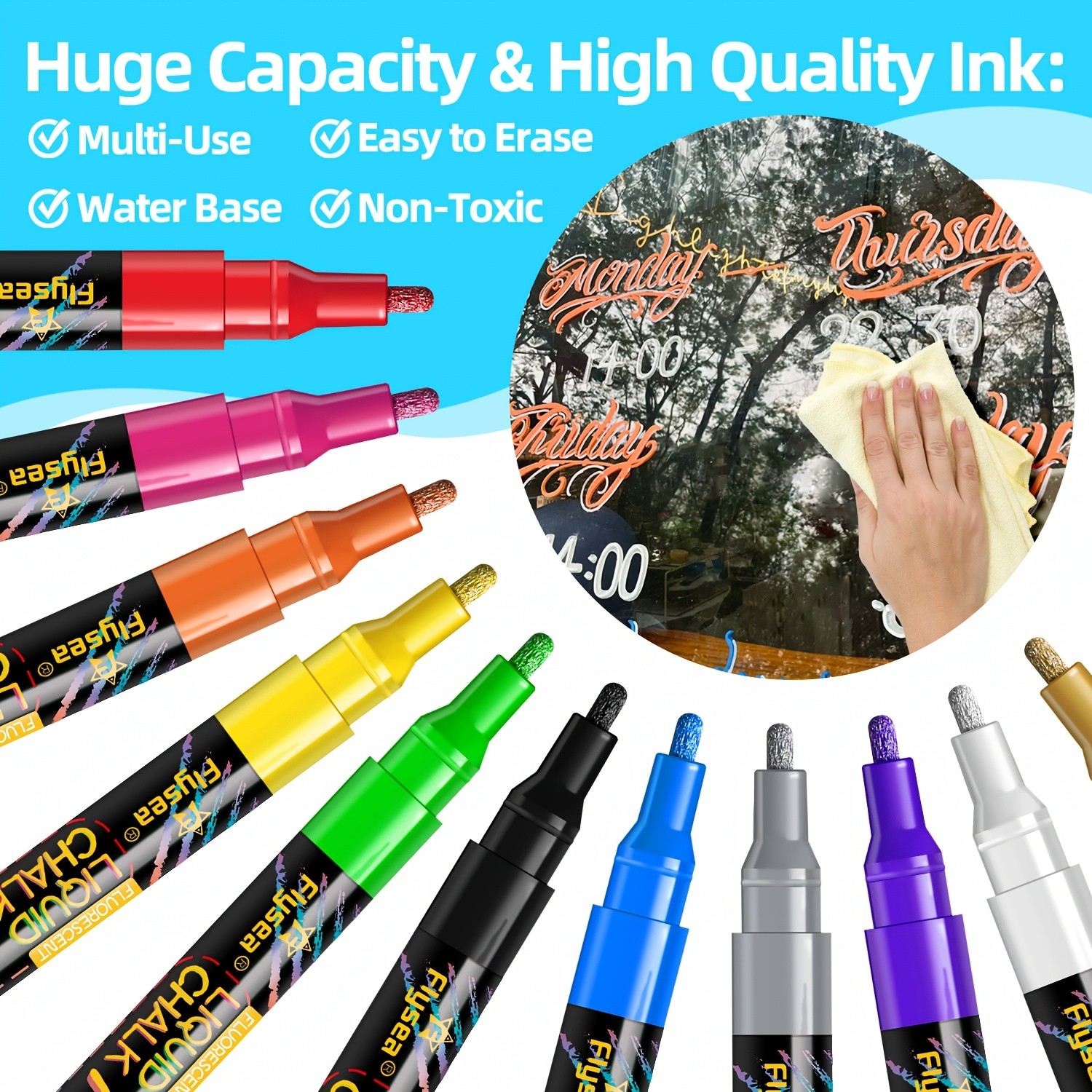 FLYSEA 12pcs Neon Chalk Markers  0.1cm Extra-Fine Tip, Water-Based, Washable & Non-Toxic Liquid Chalk Pens