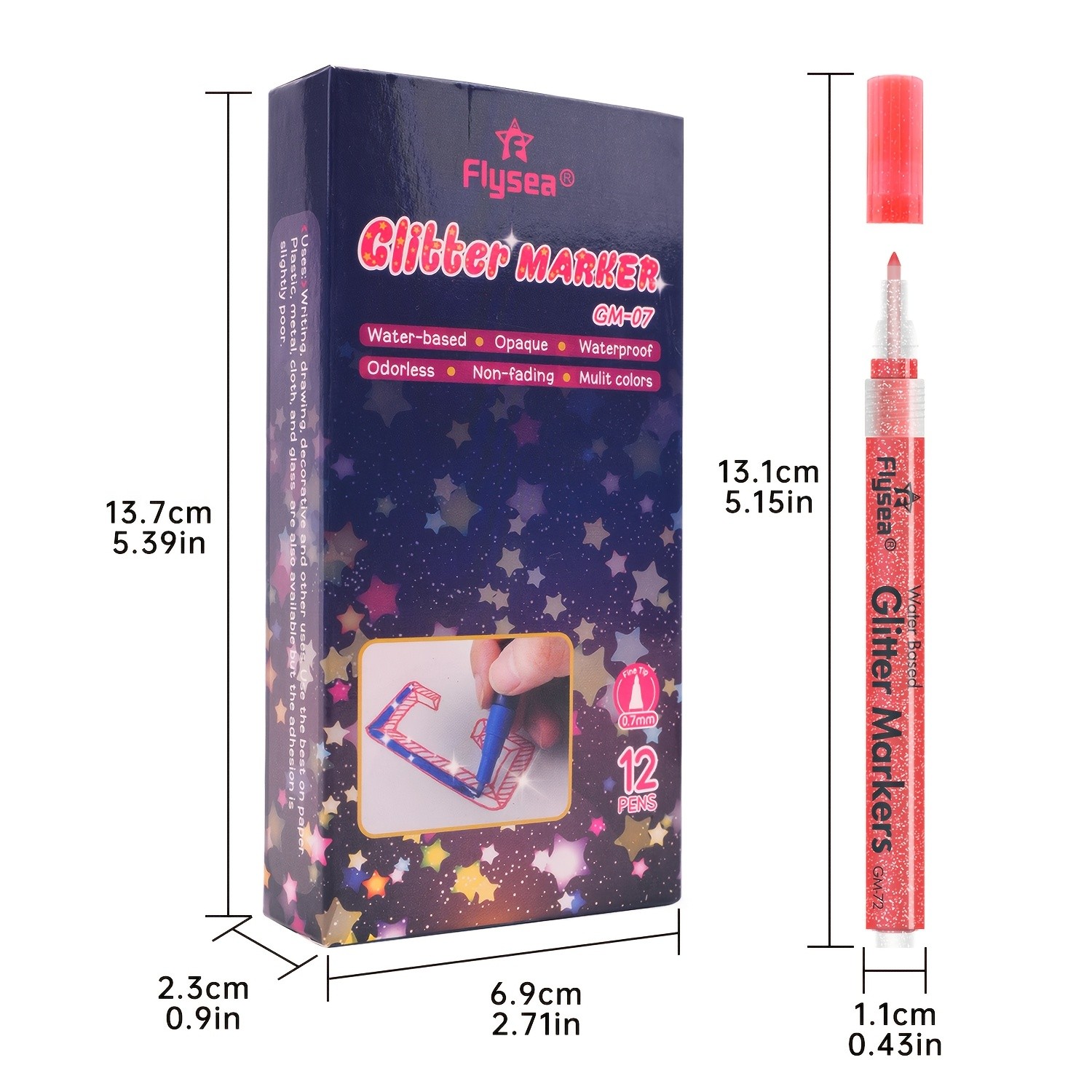 FLYSEA 12pcs 0.7mm Fine Tip Glitter Acrylic Marker Pens Water-Based Glitter Ink for Scrapbooks, Writing & Multi-Surface Art