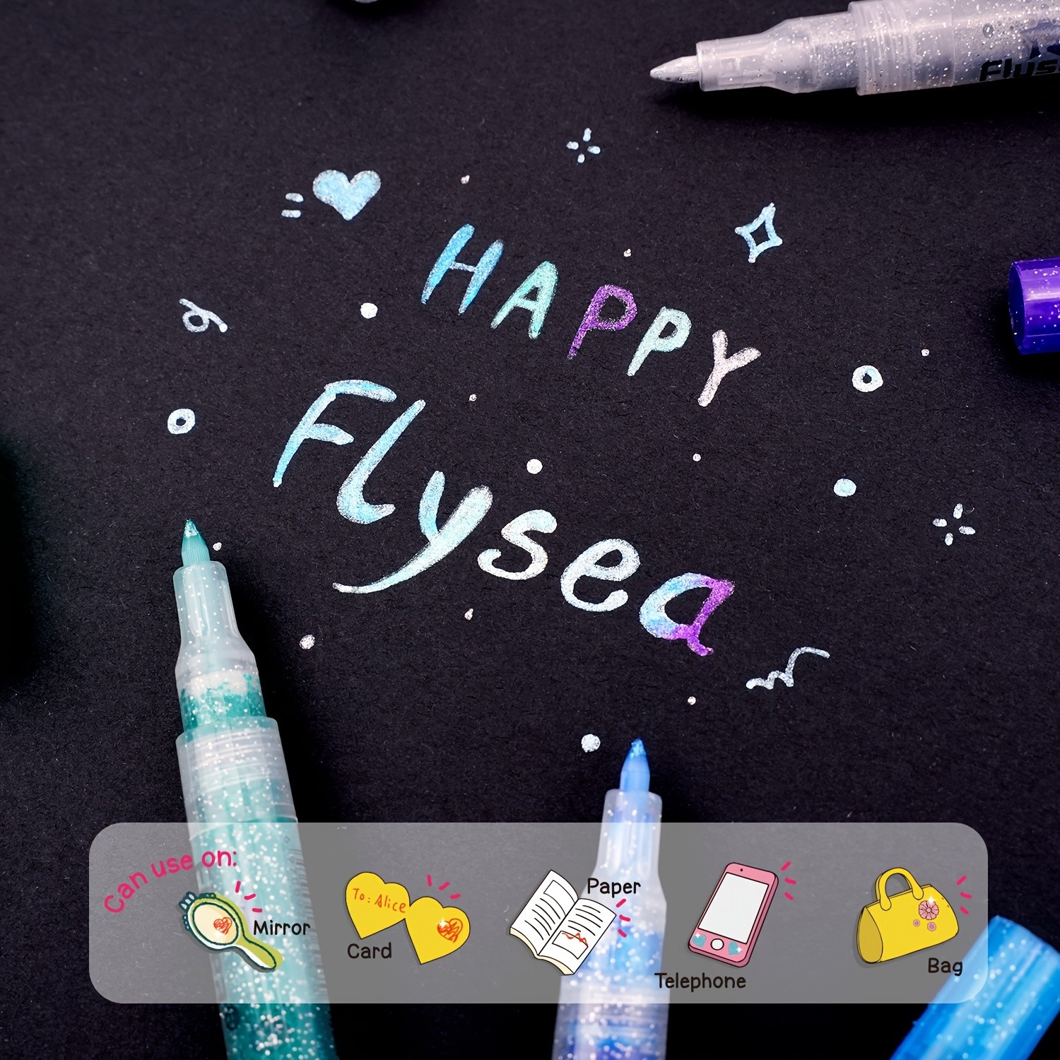 FLYSEA 12pcs 0.7mm Fine Tip Glitter Acrylic Marker Pens Water-Based Glitter Ink for Scrapbooks, Writing & Multi-Surface Art