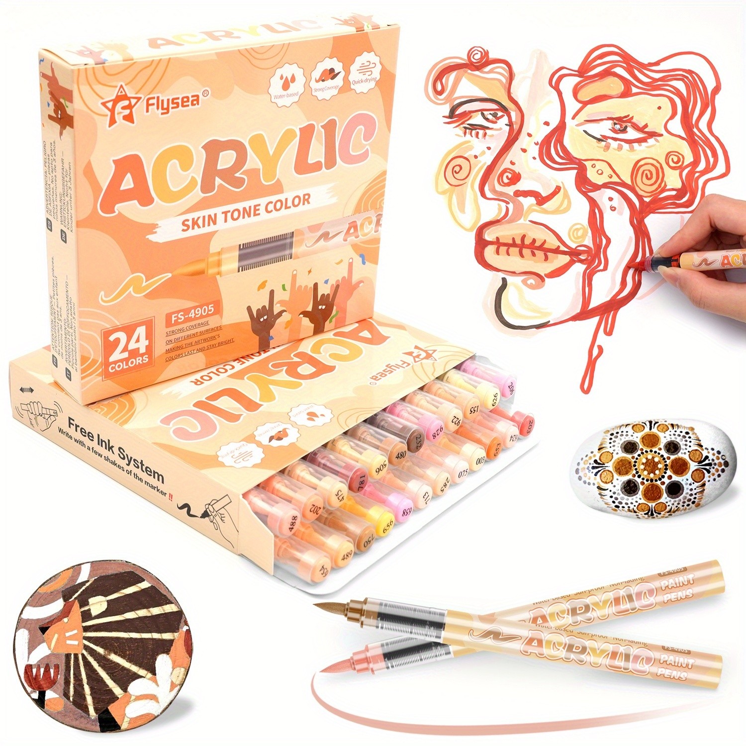 FLYSEA 24/36 Colors Acrylic Marker Set  Vibrant Water-Based Brush Pens for Professional Painting & Creative Projects