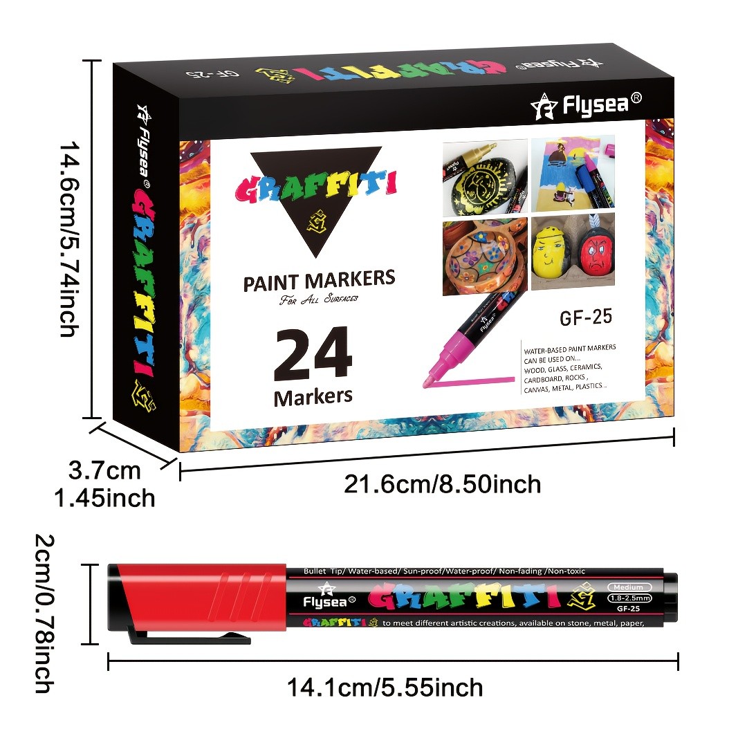 FLYSEA 24pcs Acrylic Paint Marker Pens  Medium Tip, Waterproof, Quick-Drying Pens for Skateboards, Canvas, Wood, Stone & DIY Crafts