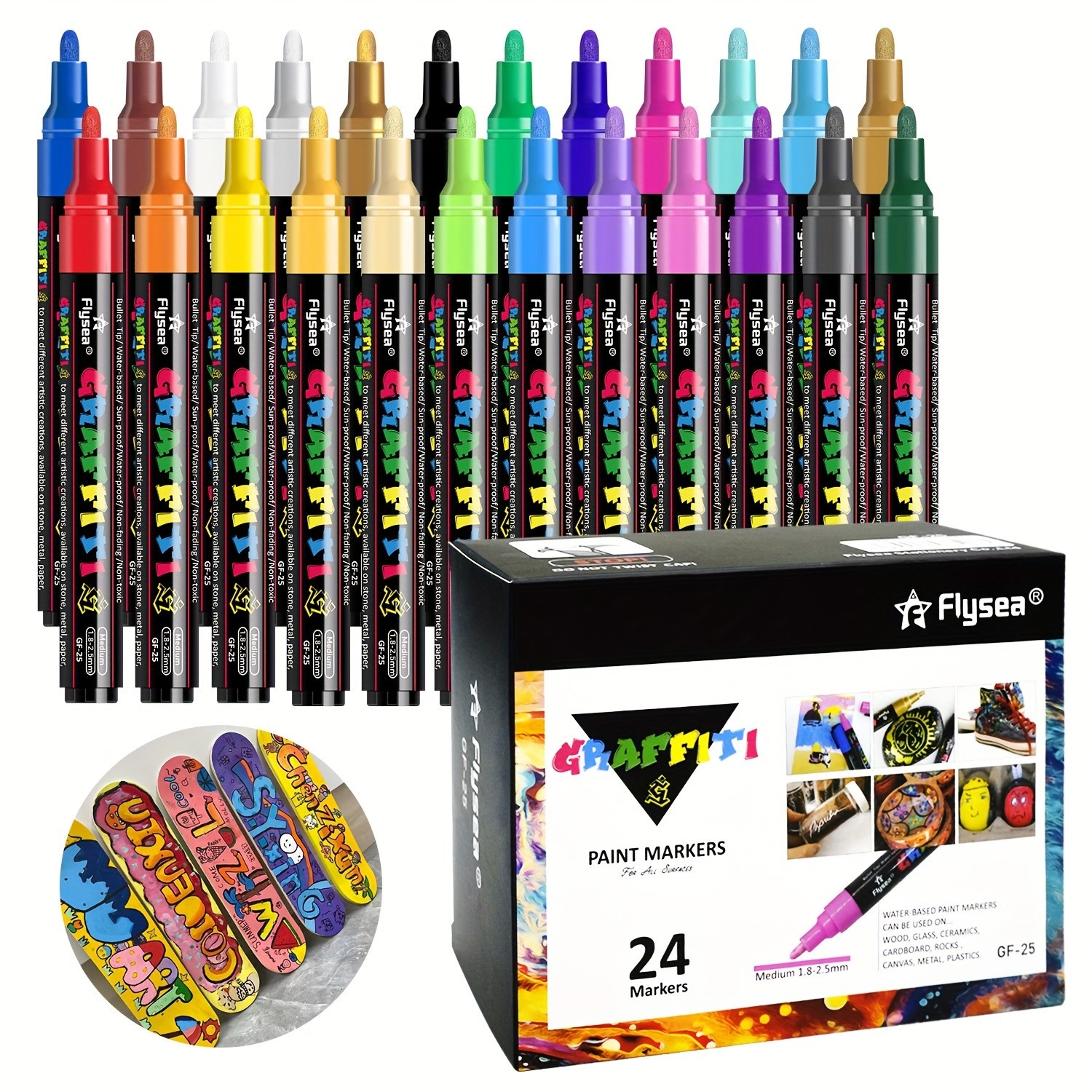 FLYSEA 24pcs Acrylic Paint Marker Pens  Medium Tip, Waterproof, Quick-Drying Pens for Skateboards, Canvas, Wood, Stone & DIY Crafts