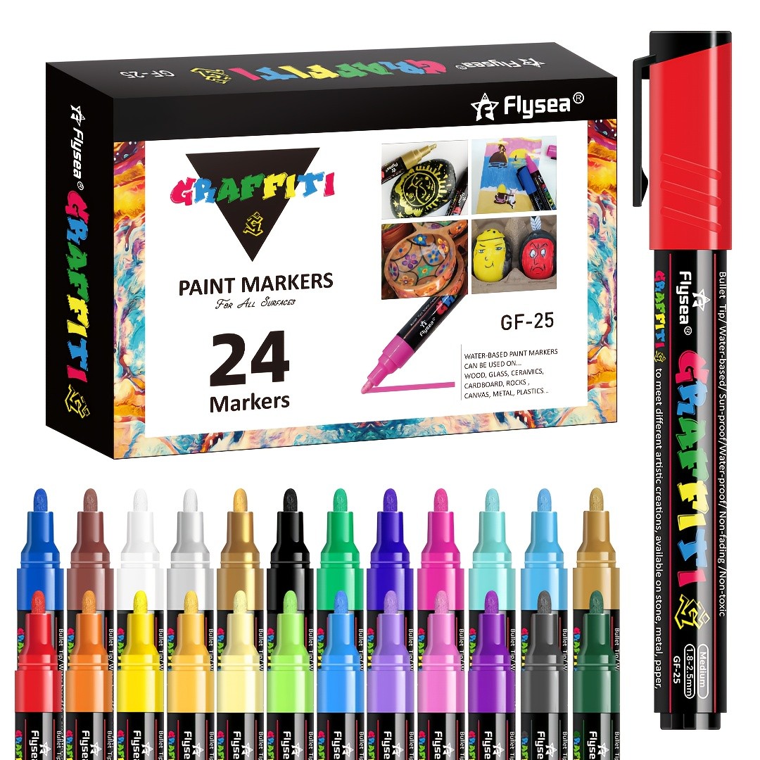 FLYSEA 24pcs Acrylic Paint Marker Pens  Medium Tip, Waterproof, Quick-Drying Pens for Skateboards, Canvas, Wood, Stone & DIY Crafts