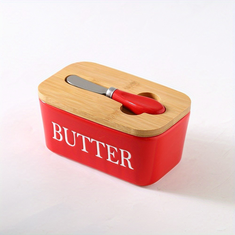 YUMIPLUS Ceramic Butter Dish with Bamboo Lid & Knife Large Airtight Butter Keeper for Kitchen & Pantry Storage