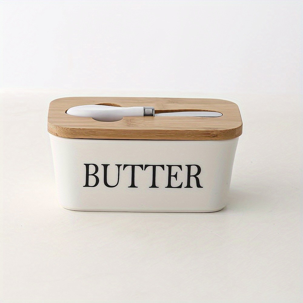 YUMIPLUS Ceramic Butter Dish with Bamboo Lid & Knife Large Airtight Butter Keeper for Kitchen & Pantry Storage