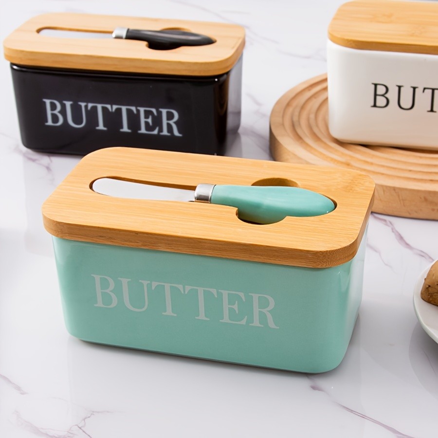 YUMIPLUS Ceramic Butter Dish with Bamboo Lid & Knife Large Airtight Butter Keeper for Kitchen & Pantry Storage