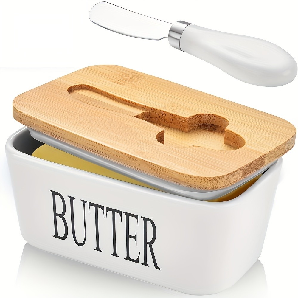 YUMIPLUS Ceramic Butter Dish with Bamboo Lid & Knife Large Airtight Butter Keeper for Kitchen & Pantry Storage