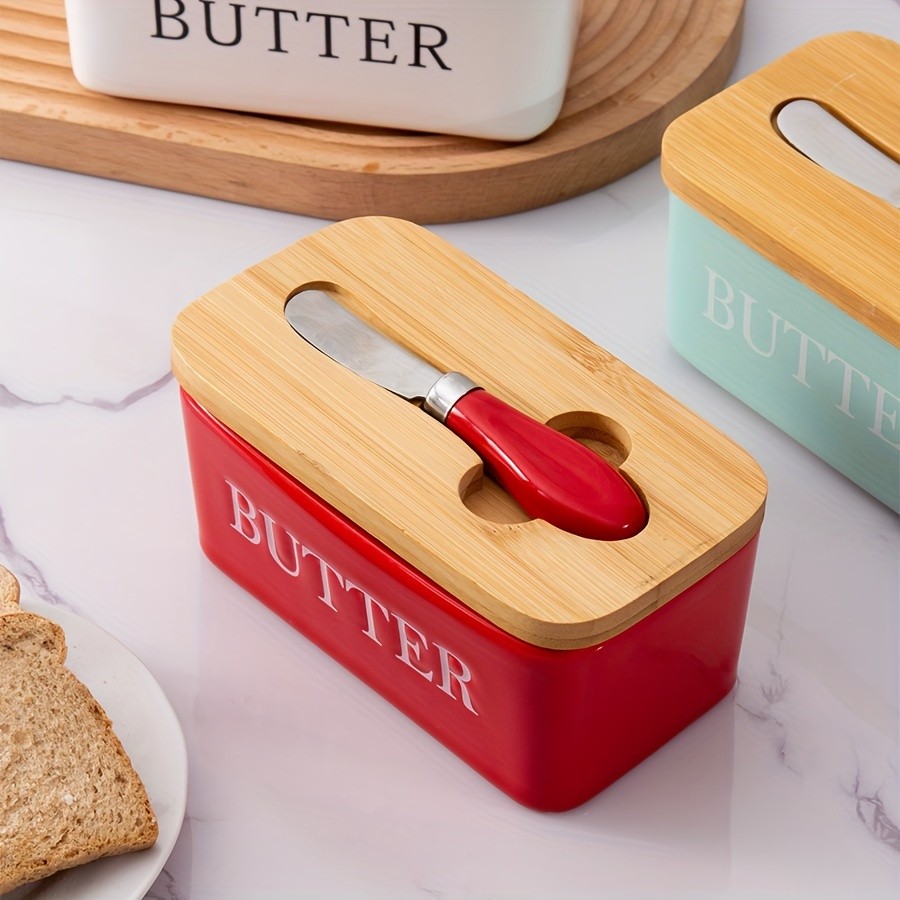 YUMIPLUS Ceramic Butter Dish with Bamboo Lid & Knife Large Airtight Butter Keeper for Kitchen & Pantry Storage