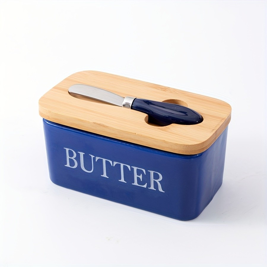 YUMIPLUS Ceramic Butter Dish with Bamboo Lid & Knife Large Airtight Butter Keeper for Kitchen & Pantry Storage