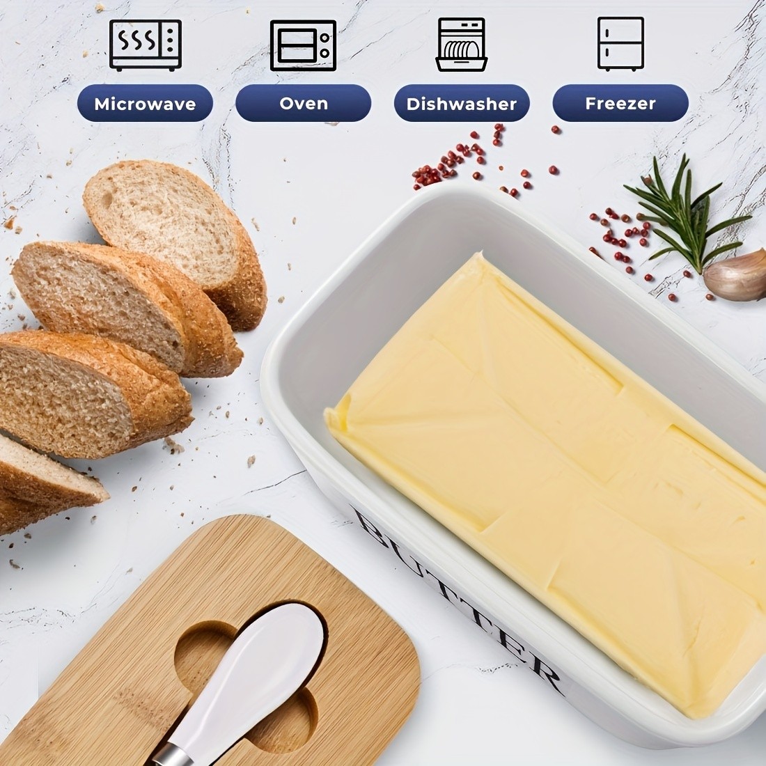 YUMIPLUS Ceramic Butter Dish with Bamboo Lid & Knife Large Airtight Butter Keeper for Kitchen & Pantry Storage