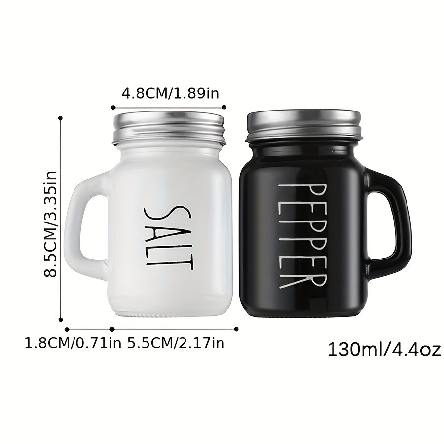 YUMIPLUS 2pcs Farmhouse Salt & Pepper Shaker Set Vintage Black & White Glass Shakers with Handle & Stainless Steel Lid (4.4oz)