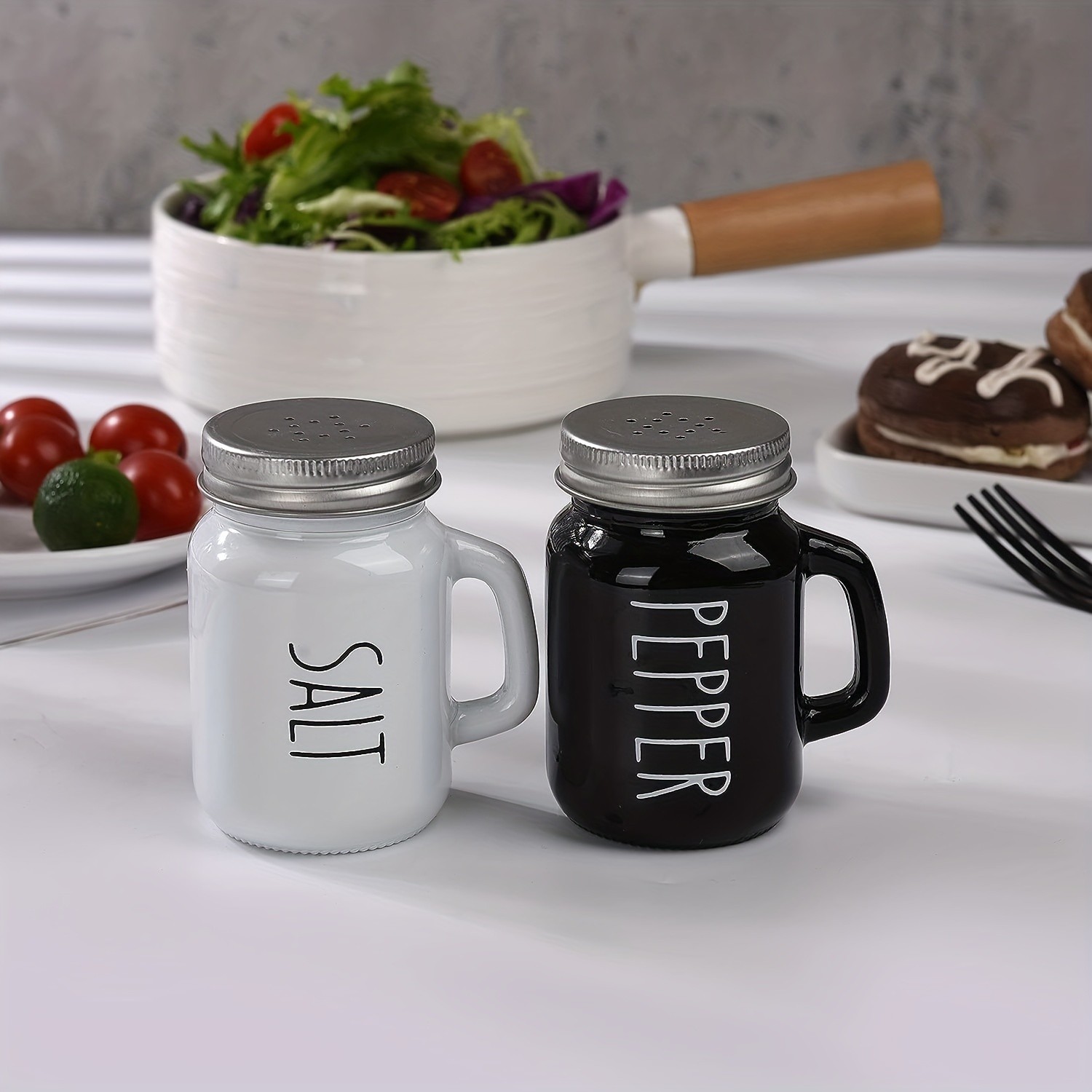 YUMIPLUS 2pcs Farmhouse Salt & Pepper Shaker Set Vintage Black & White Glass Shakers with Handle & Stainless Steel Lid (4.4oz)