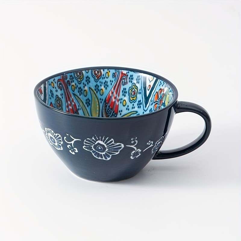 YUMIPLUS 15oz Bohemian Ceramic Breakfast Cup  Large Capacity Water, Milk & Coffee Mug (Microwave-Safe)