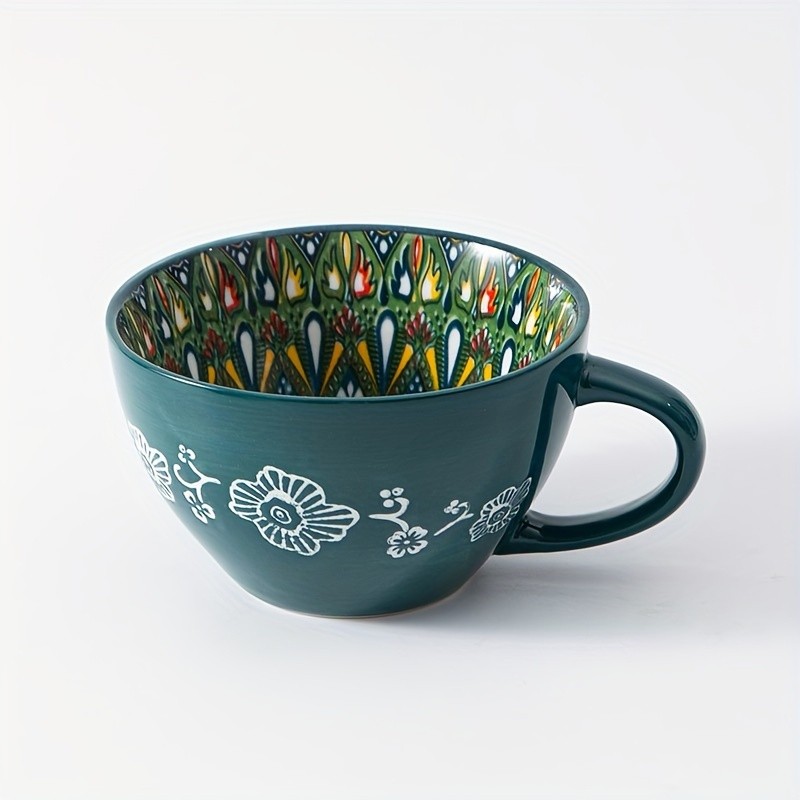 YUMIPLUS 15oz Bohemian Ceramic Breakfast Cup  Large Capacity Water, Milk & Coffee Mug (Microwave-Safe)